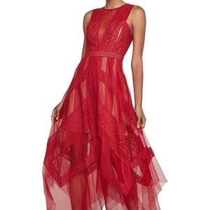 Bcbgmaxazria Asymmetrical Hem Lace Dress Red